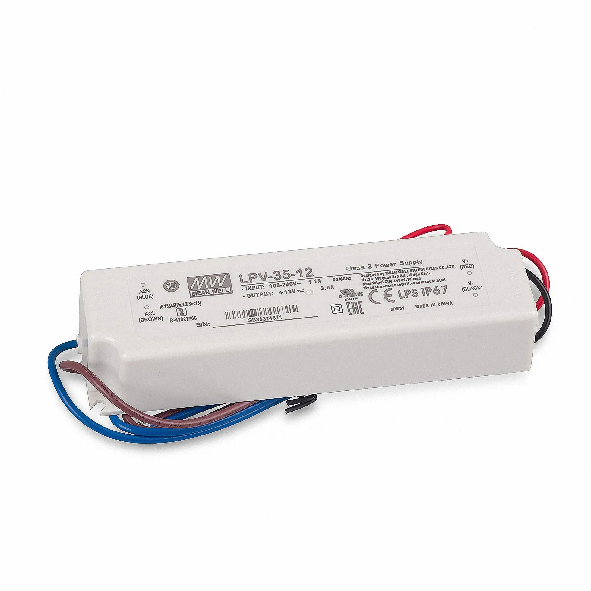 Mean Well LPV-35-12 zasilacz impulsowy LED, 12 V/3 A/36 W, IP67, transformator LED do oświetlenia LED, biały