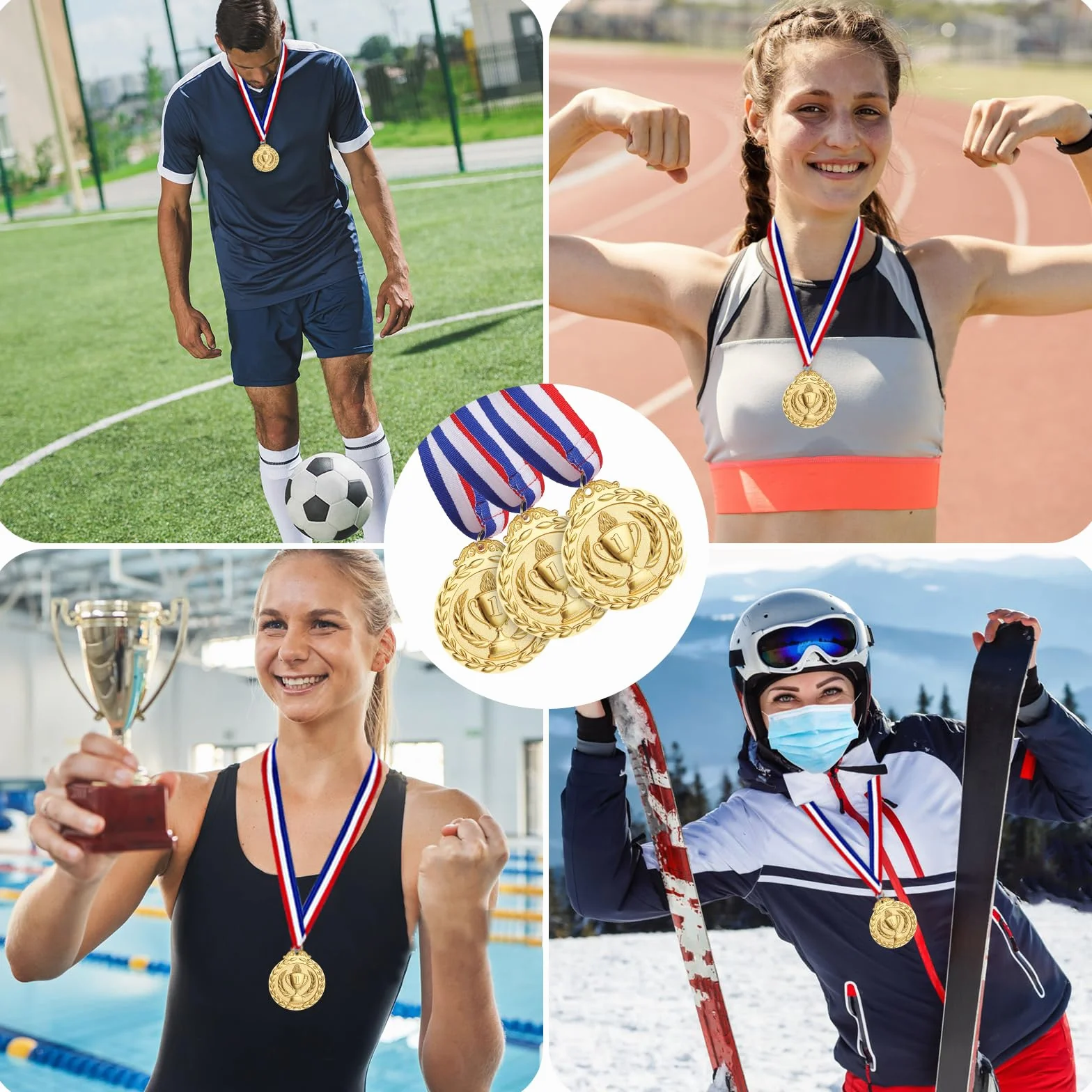 Hianjoo 12 sztuk złotych medali z kołnierzami, medal dla dzieci do meczu piłki nożnej, medale zwycięzców sportu, klubu piłkarskiego, metalowe medale (wersja pochodnia)