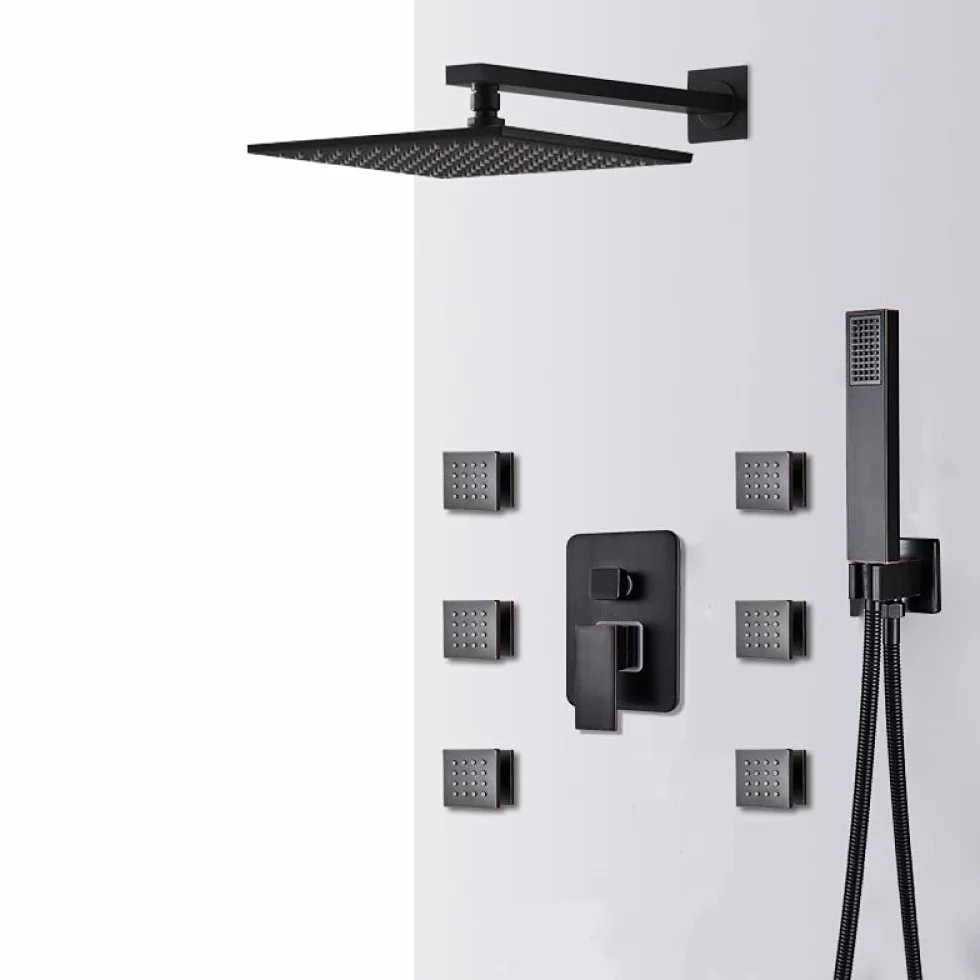 Zestaw baterii prysznicowej LED w kolorze czarnym deszczownica LED 6 dysz masujących SPA 3-drożny mieszacz wody ciepłej i zimnej system prysznicowy do wanny,Zestaw 8-calowy