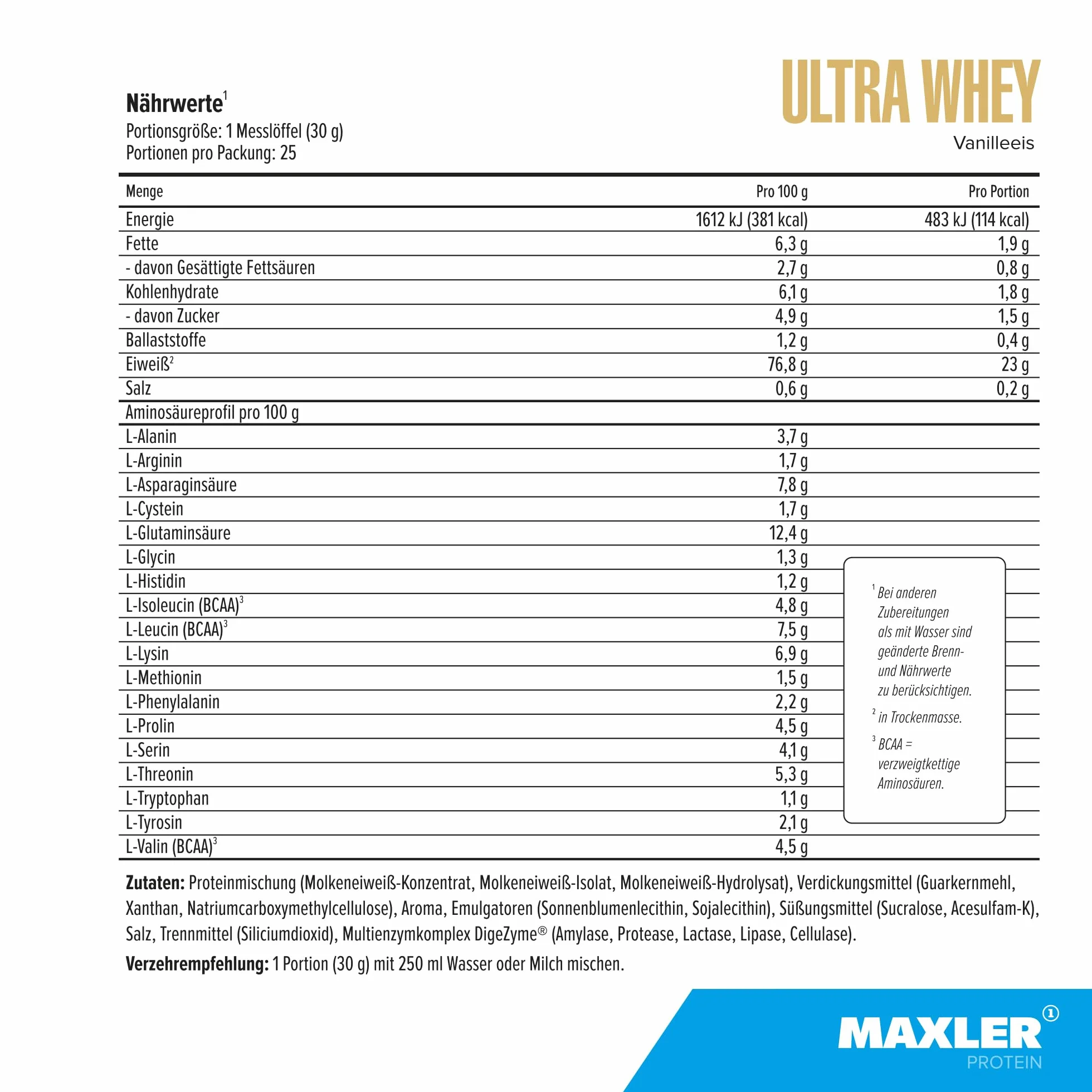 Maxler Ultra Whey Protein - 23 g białka w porcji - Pure Whey Protein Powder - Koncentrat białka serwatki, Izolat białka serwatki, Hydrolizat białka serwatki - Z BCAA - Lody waniliowe - 750g