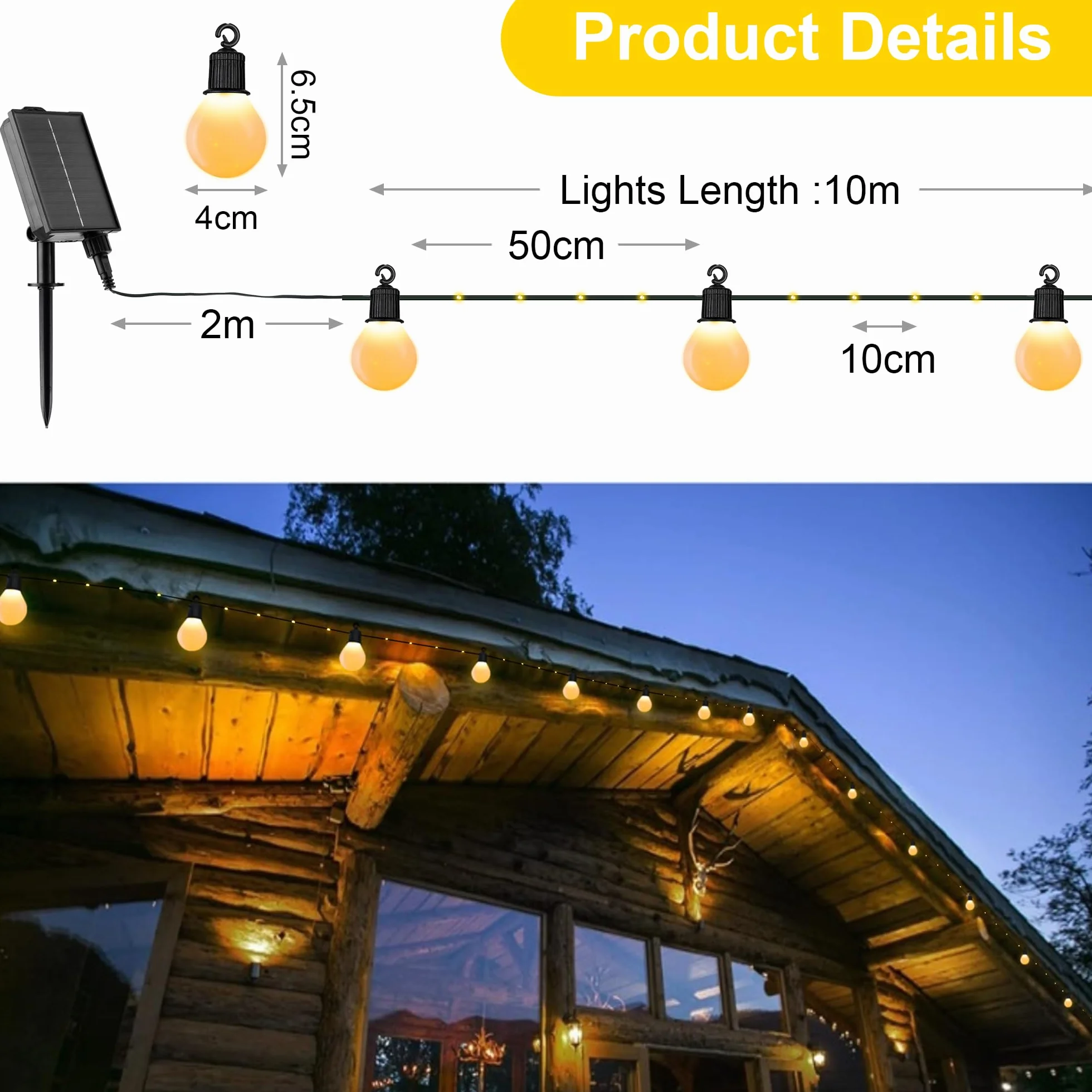 Tacobey Solarny łańcuch świetlny na zewnątrz, ciepła biel, z 20 żarówkami G40 - 10 m, 100 diod LED, solarne oświetlenie świąteczne na zewnątrz, do ogrodu, możliwość ładowania przez USB, 8 trybów