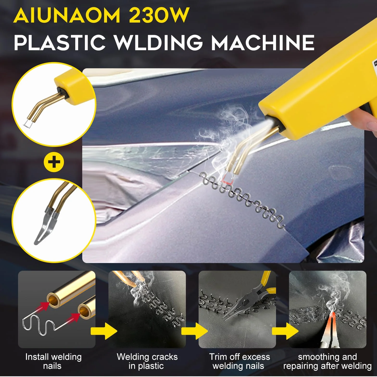 AIUNAOM 230W urządzenie do spawania tworzyw sztucznych 2-w-1, z 900 zszywkami do połączeń na gorąco i głowicą do wygładzania, idealne do naprawy plastikowych części w samochodach, kajakach i innych