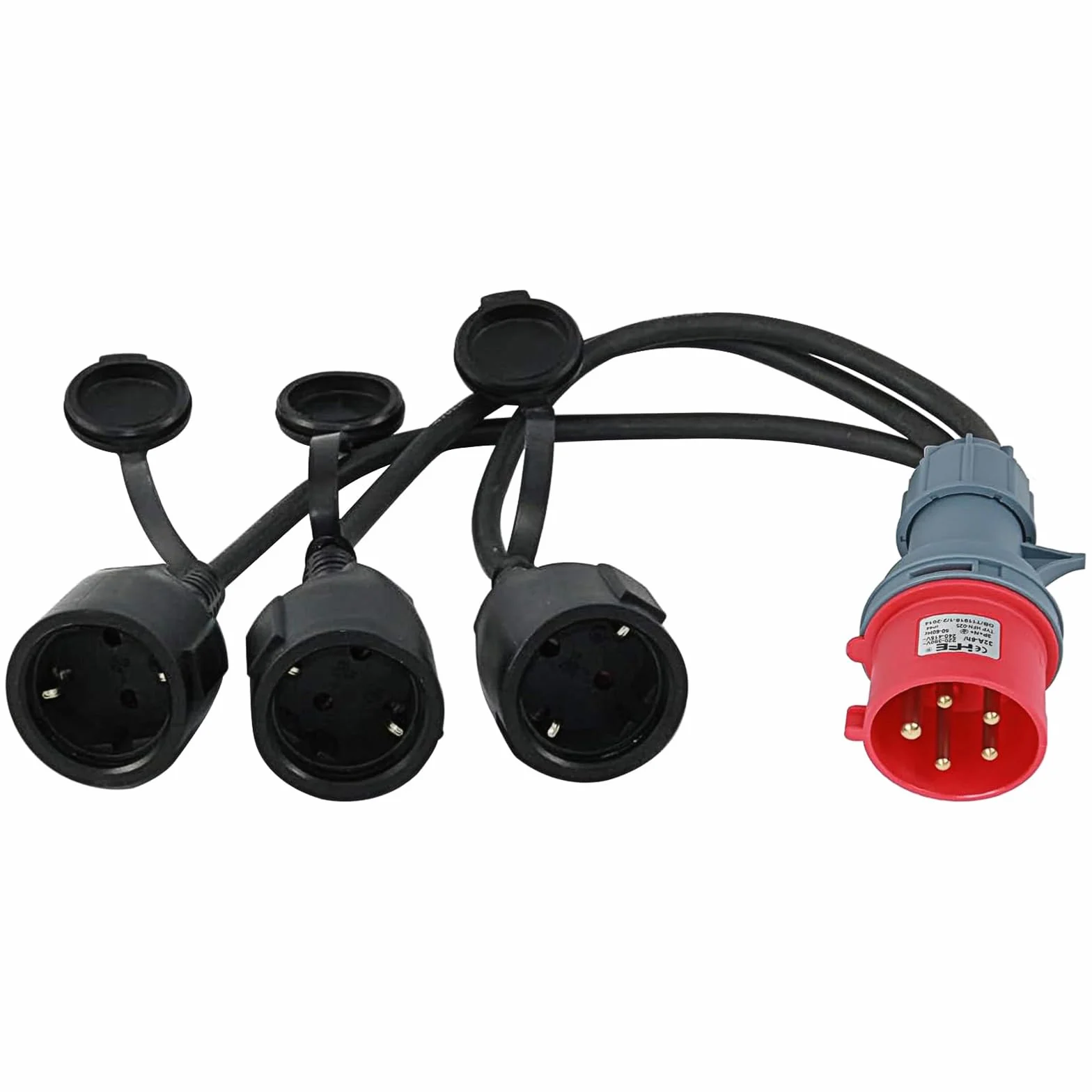 CEE Adapter rozdzielacz prądu 400 V, 16 A, wtyczka na 3 x 230 V, kabel przedłużający z wtyczką ze stykiem ochronnym i pokrywą na zawiasach, przewód adaptera CEE do zastosowań przemysłowych, przyczep