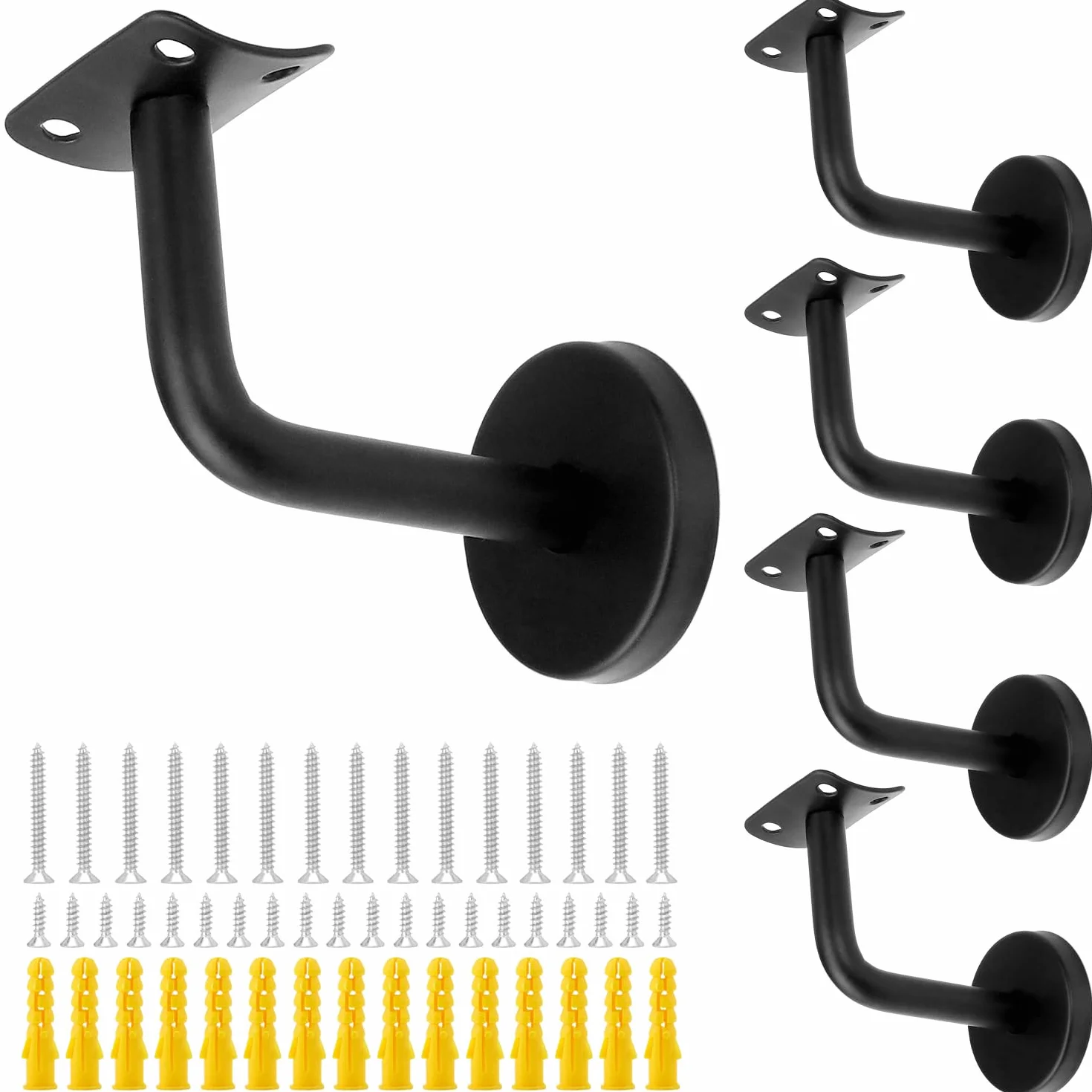 QWORK® Zestaw 5 uchwytów schodowych ze stali nierdzewnej - czarny - 60x80 mm zakrzywiony