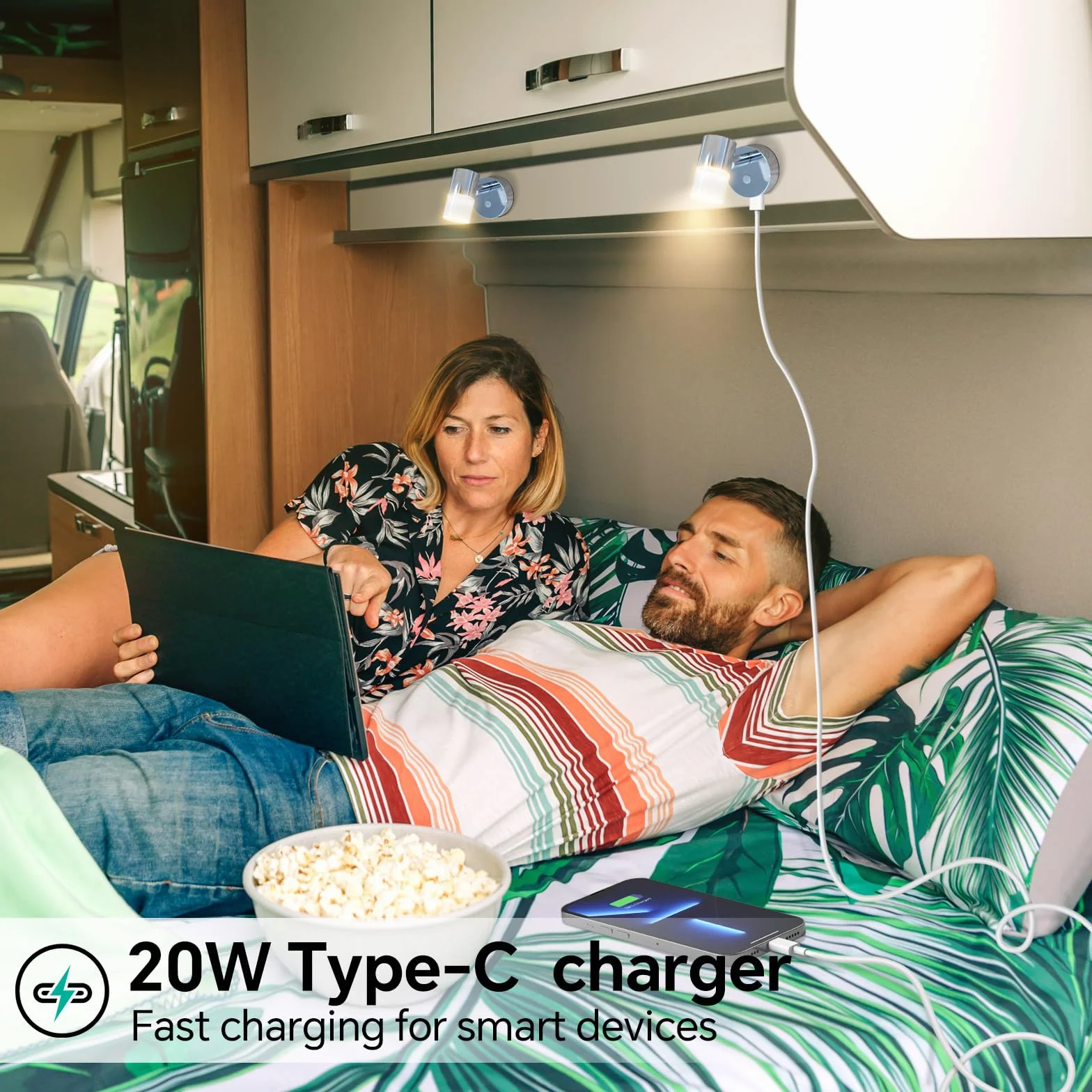 Acegoo Lampa ścienna LED 12V do kampera, ściemniana, obrotowa, USB C, matowy akrylowy abażur, chromowany