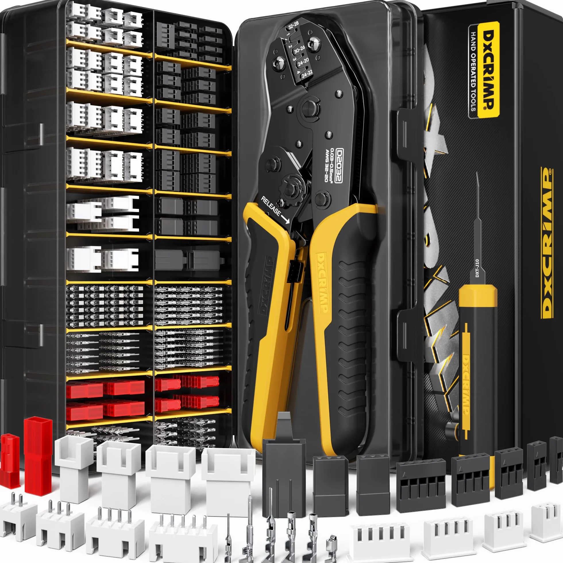 DxCRIMP Zestaw szczypce zagniatające do wtyków JST z 23 Rodzaje Zestaw wtyków Zestaw Narzędzi do Zaciskania,Terminal Crimper, 0,03-0,5mm² szczypce zaciskowe do Dupont, JST, KF2510, Molex, AMP