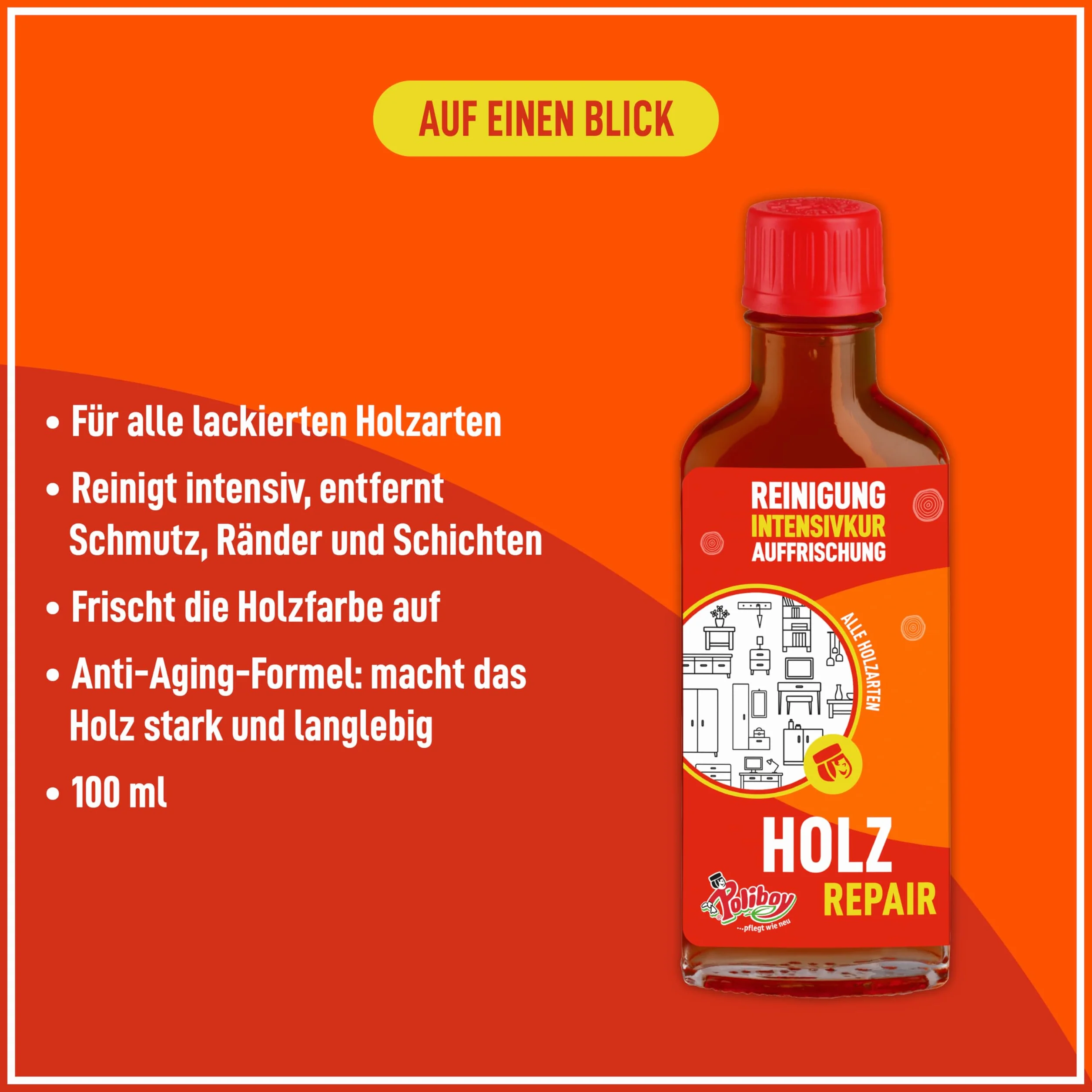 POLIBOY Wood Repair – średniobrązowa politura do mebli do lakierowanego drewna – odświeżający kolor – 1 x 100 ml – z bawełnianą ściereczką – Made in Germany