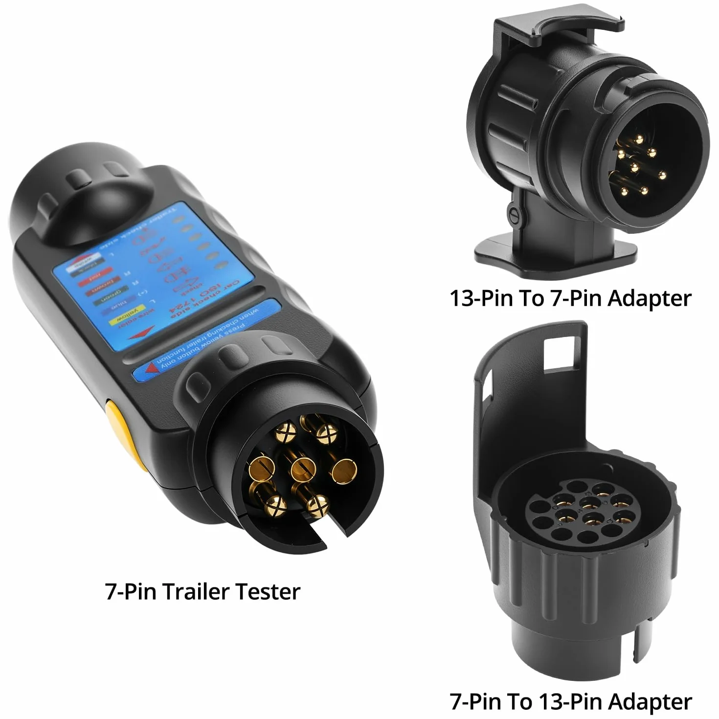 QWORK 7-pinowy tester przyczepy z 13-pinowym adapterem konwertera, do diagnostyki okablowania 12 V, do sprawdzania obwodów w samochodach, przyczepach kempingowych