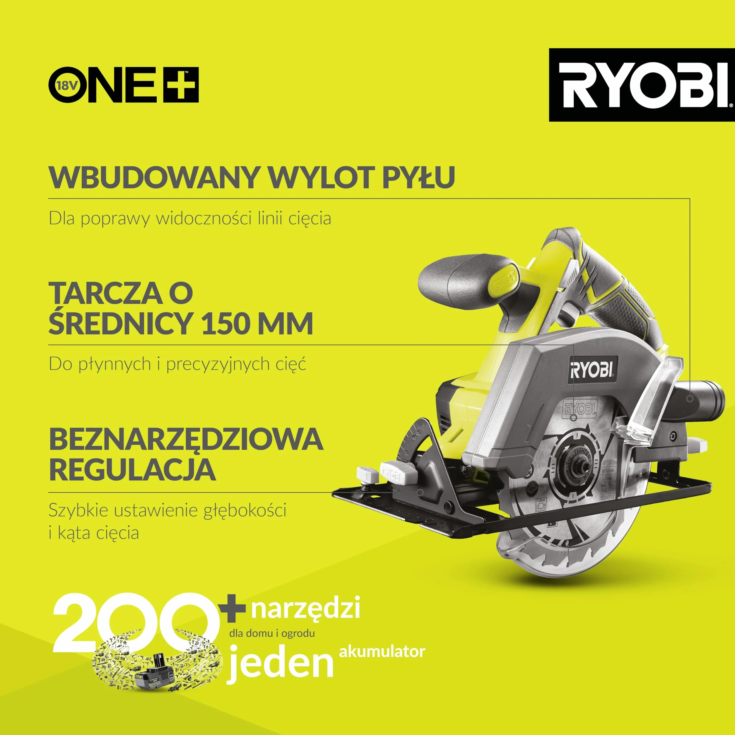 Ryobi Pilarka tarczowa 18V, R18CSP-0, średnica tarczy 150 mm, regulacja kąta 0-56 stopni, głębokość cięcia 45 mm przy 90 stopniach oraz 32 mm przy 45 stopniach, wersja bez akumulatora i ładowarki