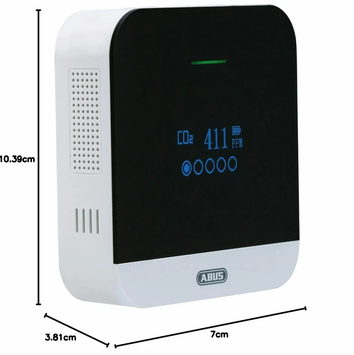 ABUS CO2WM110 AirSecure czujnik CO2 – miernik jakości powietrza, wilgotności powietrza i temperatury w pomieszczeniu – z alarmem i sygnalizacją CO2 – czujnik 10-letni