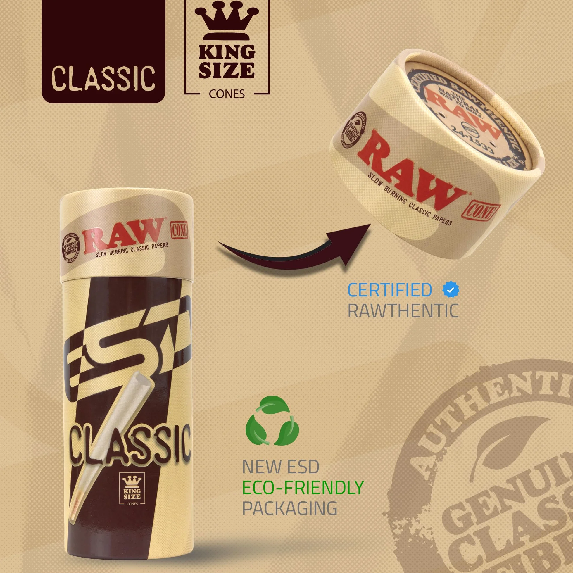 RAW Stożki Classic King Size, 50 sztuk, naturalny wstępnie zwinięty papier do ciasta z końcówkami i patyczkami do pakowania w zestawie