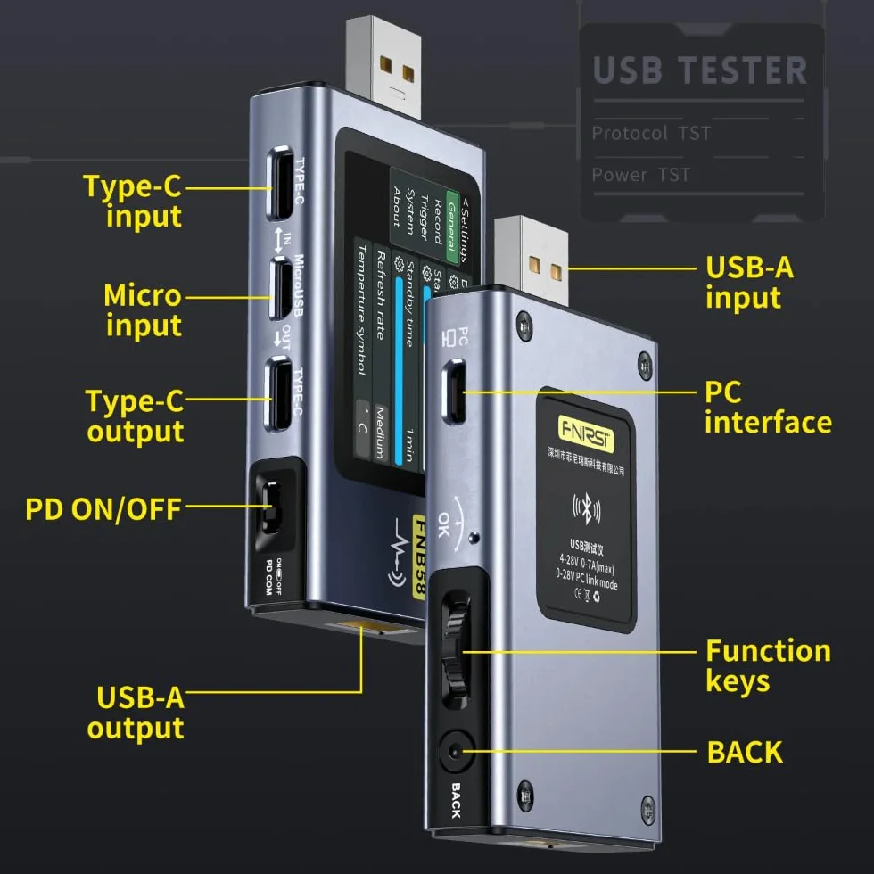 DollaTek FNB58 cyfrowy woltomierz, amperomierz, tester USB, typ C, wykrywanie szybkiego ?adowania, wyzwalacz, pomiar pojemno?ci, pomiar t?tnienia z Bluetooth, napi?cie monitorowania 4-28 V