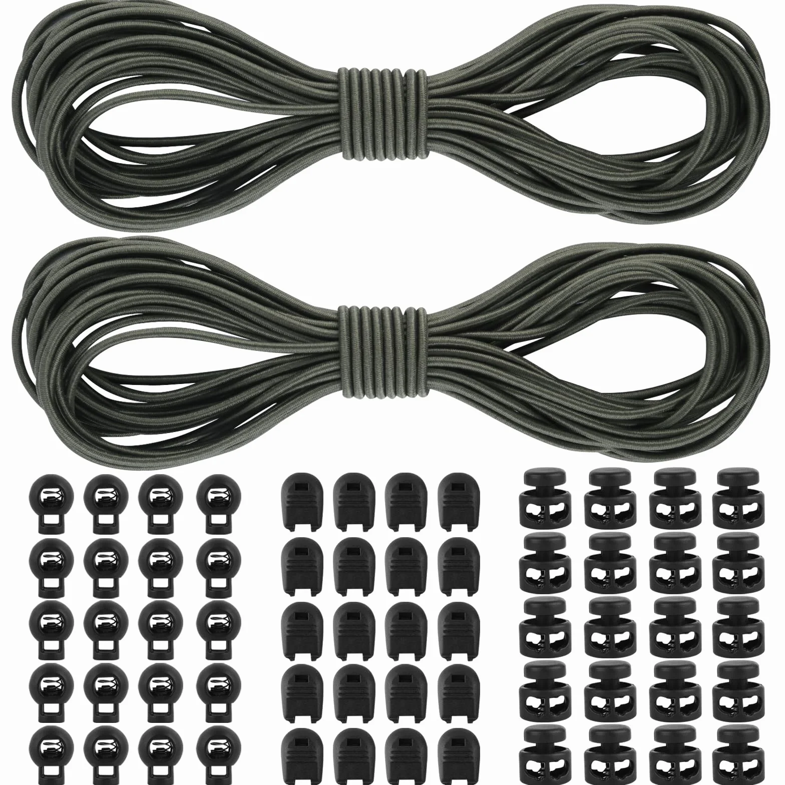 Gumowy sznurek 3 mm, 2 sztuki, 10 m, ze stoperem, 2 otwory, do pojedynczego otworu, gumka do sznurka 3 mm, do plecaków, ubrań, sznurowadeł (ciemnozielony)