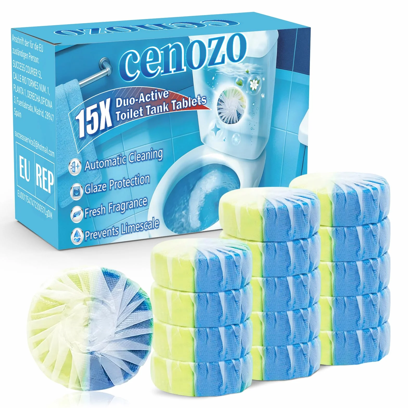 15 szt. WC odświeżacza, Duo-Aktywny czyścik do spłuczki (50 g/tabletka), Zapobiega kamieniu i brudowi, Chroni glazurę, Orzeźwiający zapach
