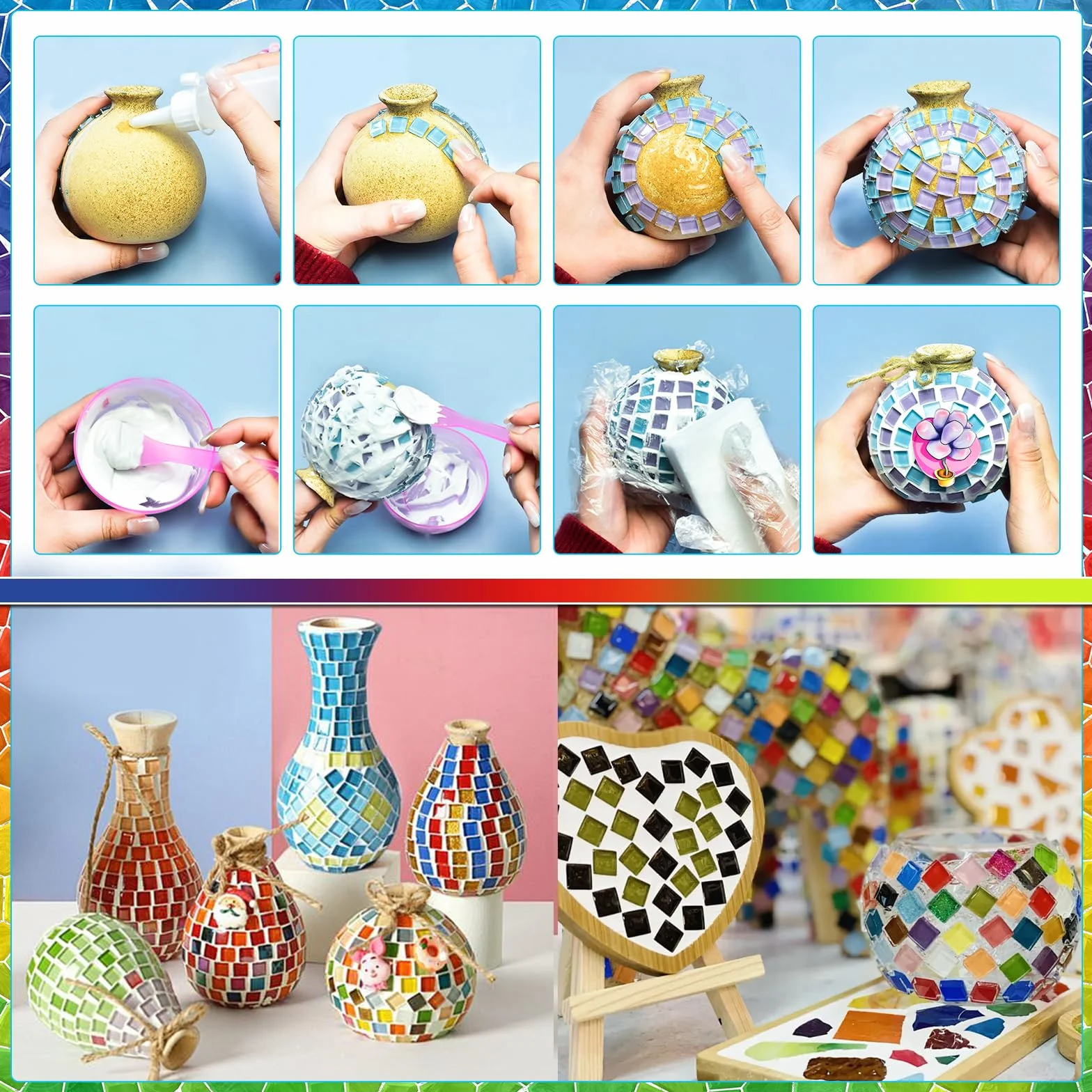 CHRI 1000 g kamieni mozaiki szklanej, 1 x 1 cm, kolorowe kryształowe płytki mozaikowe, ok. 1200 sztuk kamieni mozaiki do projektów DIY, majsterkowania, dekoracji mozaiki (kolorowa mieszanka)