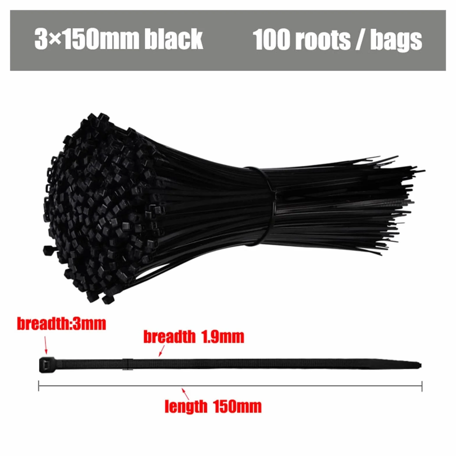 Zestaw 100 pierścieni mocujących do kabli z tworzywa sztucznego i nylonu samozaciskającego(3x150mm)