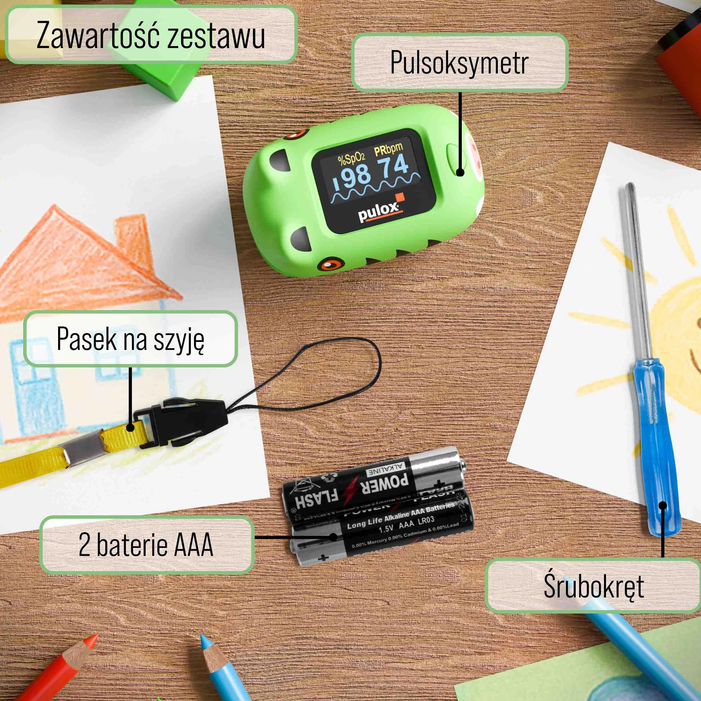 Pulox PO-230 Pulsoksymetr dla dzieci - W kolorze zielonym z naklejkami - Pomiar saturacji tlenem i tętna