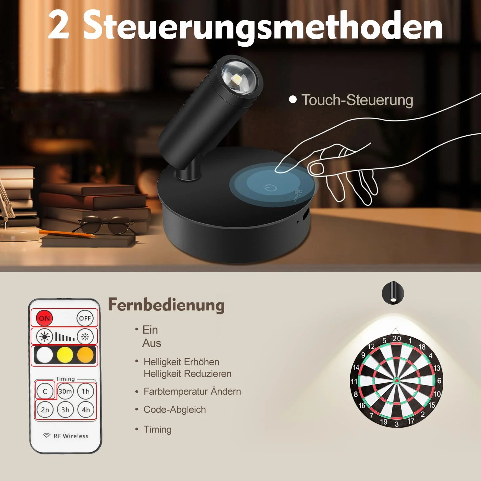 SMY Lighting Lampa ścienna LED do wnętrz, punktowa bezprzewodowa z akumulatorem, 3 temperatury barwowe, funkcja timera, dotykowa i pilot zdalnego sterowania, możliwość ściemniania, reflektor do