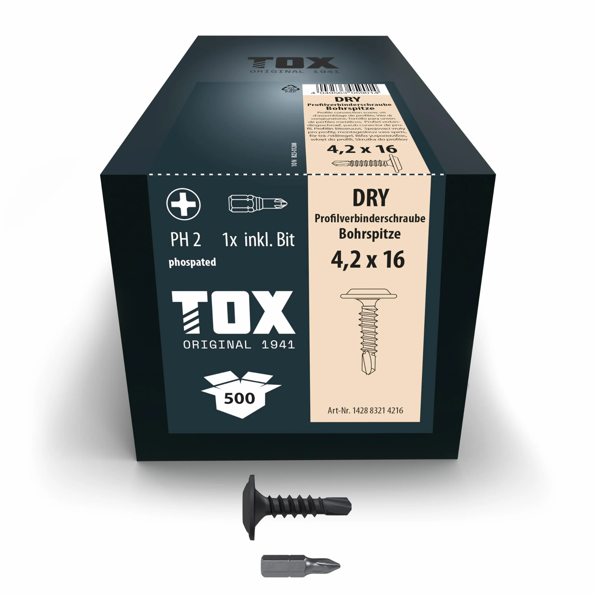 TOX Śruby łączące profilowe DRY PV BS 4,2 x 16 mm, czarne fosforanowane, łeb talerzowy, końcówka wiertnicza, 500 sztuk