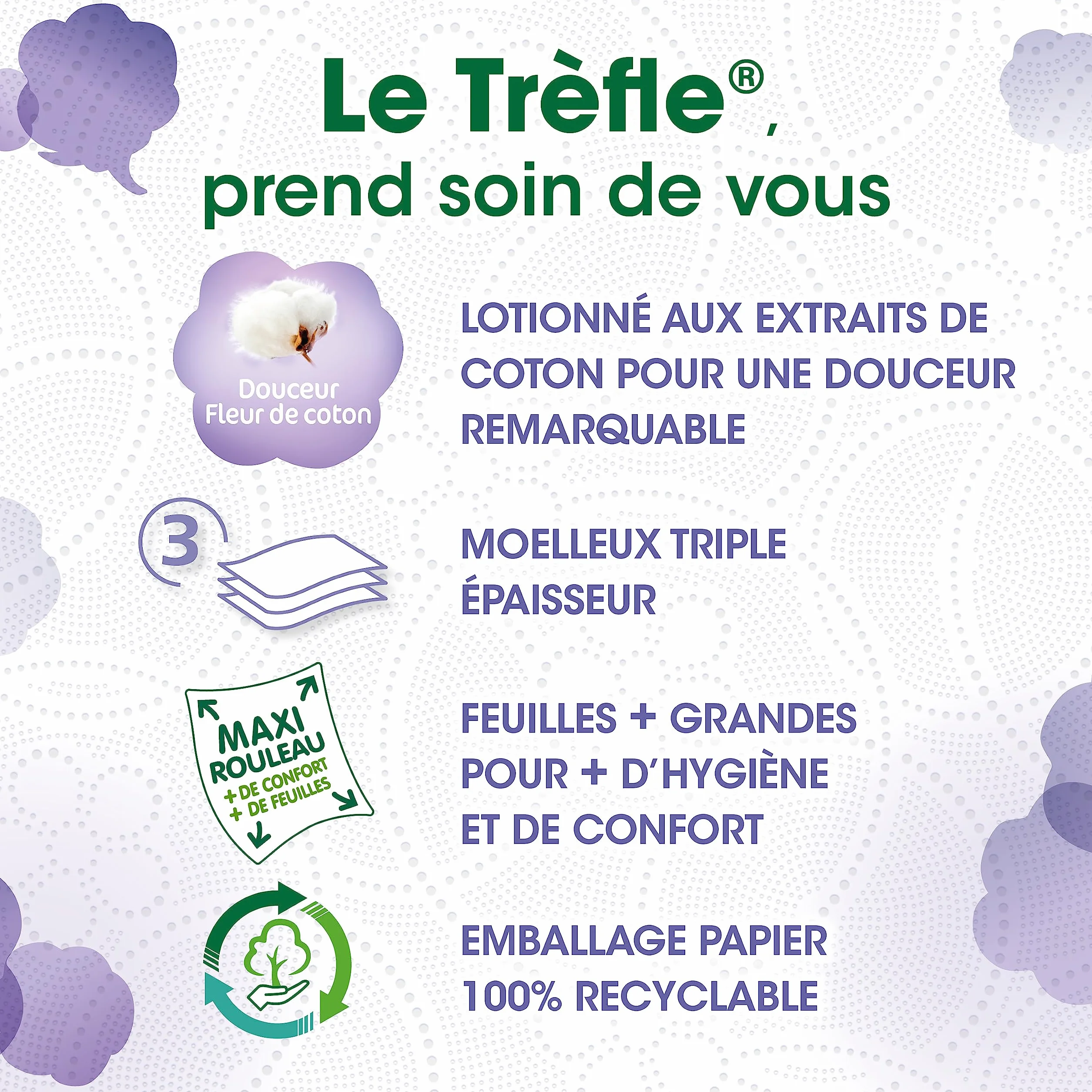 Le Trefle® Douceur Fleur de Coton papier toaletowy, 4 rolki maxi = 6 klasycznych rolek, balsam z ekstraktami bawełny, opakowanie nadające się do recyklingu, certyfikat FSC®, uniseks